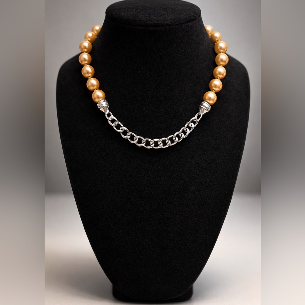 Fashion Pearl Strand Necklace Rose Gold Faux Pearl Silver Chain Statement EUC